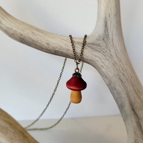 Handmade Naturally Dyed Wood Mushroom Pendant on 18" chain - Picture 1 of 3